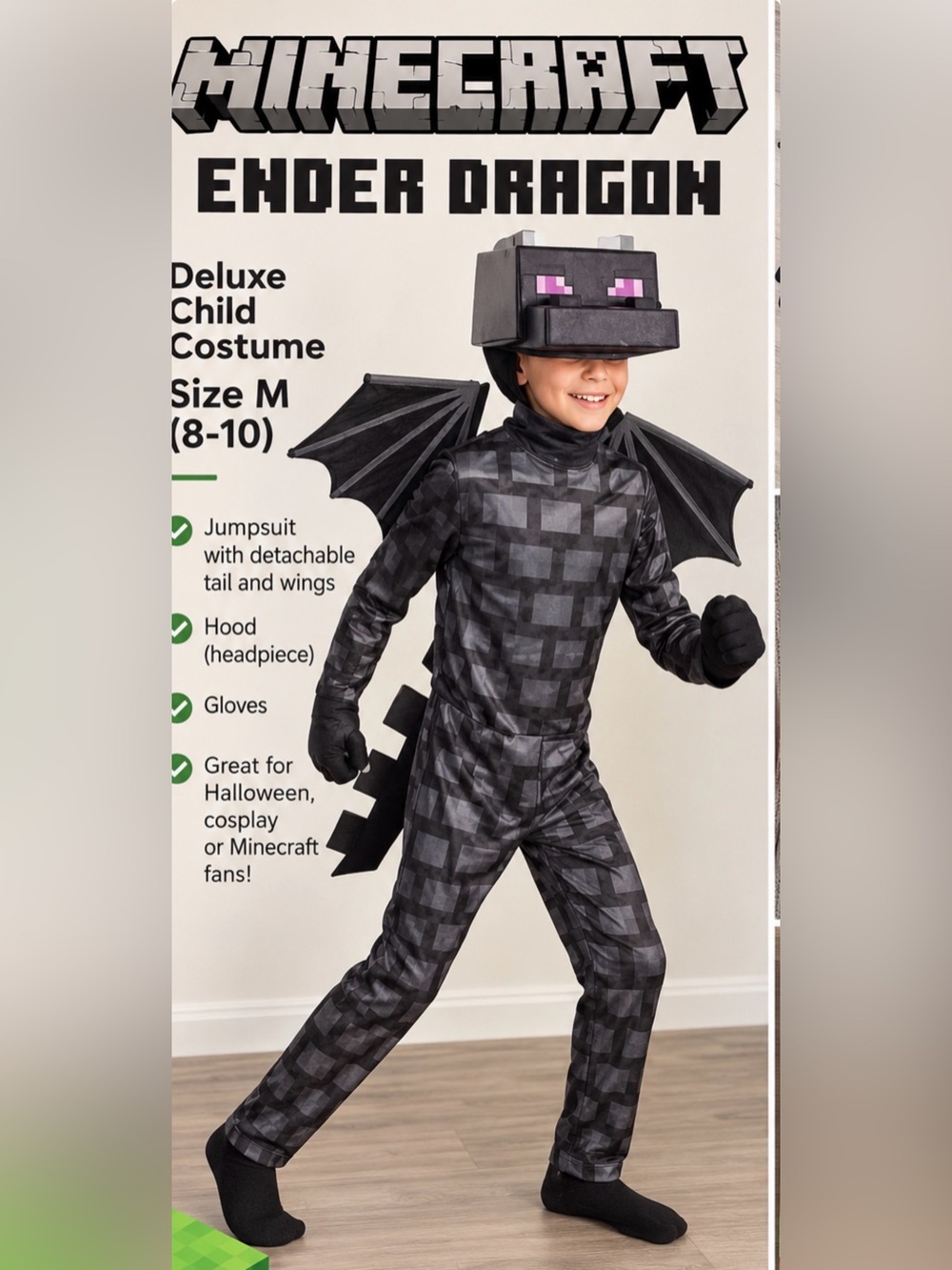 Disguise Minecraft Ender Dragon Deluxe Child Costume M 8-10 Detachable Wings